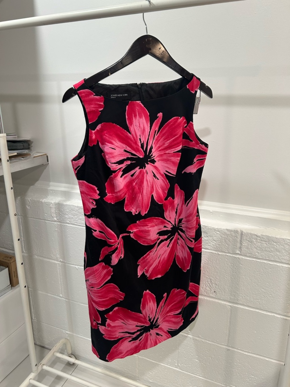 Jones New York Black Mini Dress with Hot Pink Floral Print